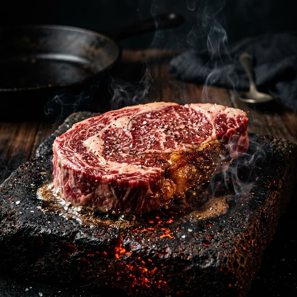 Steak searing on the volcanic stone